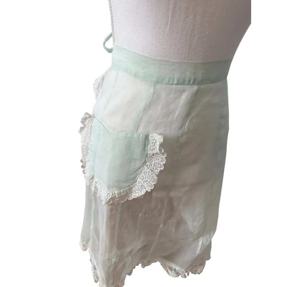Vintage 60s Sheer Half Apron Organza Lace Trim Mint Green
